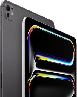 iPad Pro, back side exterior, space black color, volume buttons and pro camera system, iPad Pro, front side exterior, silver color, rounded corners, black display bezel, display showing black background with multicolored abstract line art