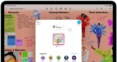iPad Air, front exterior, landscape orientation, volume-up button, volume-down button, power button, screen displays a colorful app interface with various icons