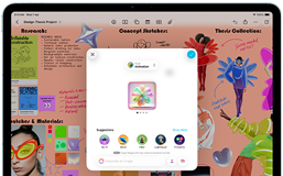 iPad Air, front exterior, landscape orientation, volume-up button, volume-down button, power button, screen displays a colorful app interface with various icons