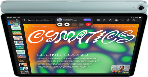 iPad Air, Blue color, top exterior, screen showing Keynote app on screen sharing feature during FaceTime video call, back exterior, 12MP Wide back camera, volume-up button, volume-down button