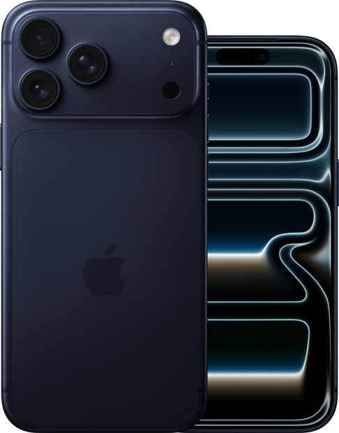 iPhone 17, exterior front, Blue Mist color, Dynamic island centered, buttons: action button, volume