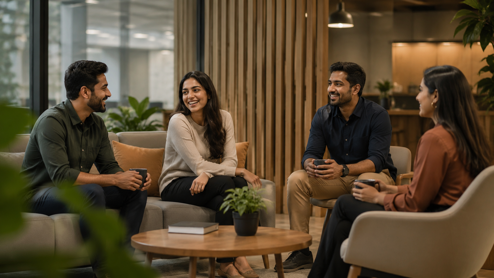 Team collaborating in a relaxed office lounge