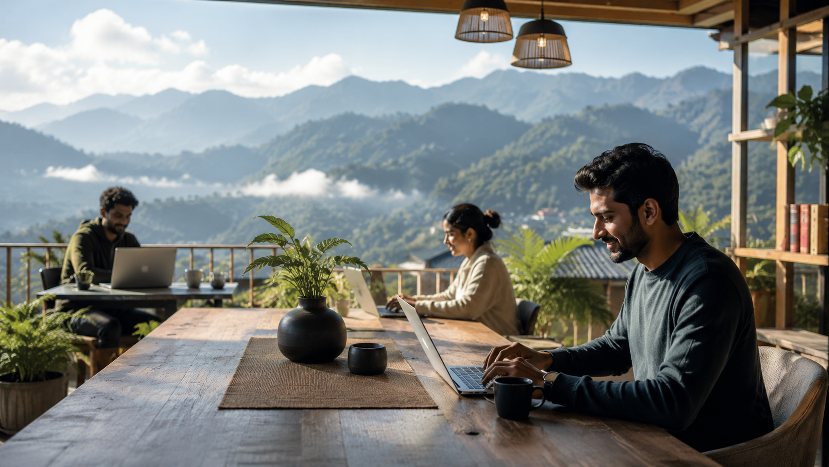 Employee working remotely with a mountain view