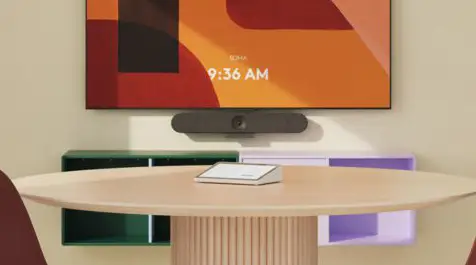 Logitech Rally Bar Huddle sitting on a table