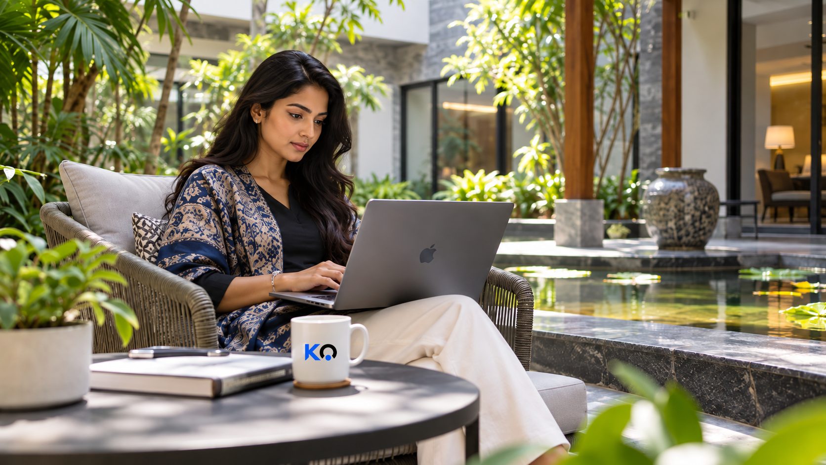 Professional working on Kockpit HR in a garden courtyard