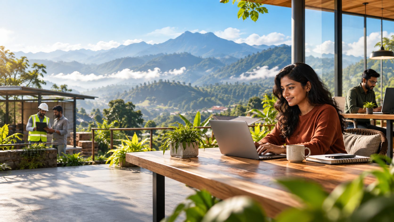 Team working from a hillside workspace and a site, using Kockpit HR
