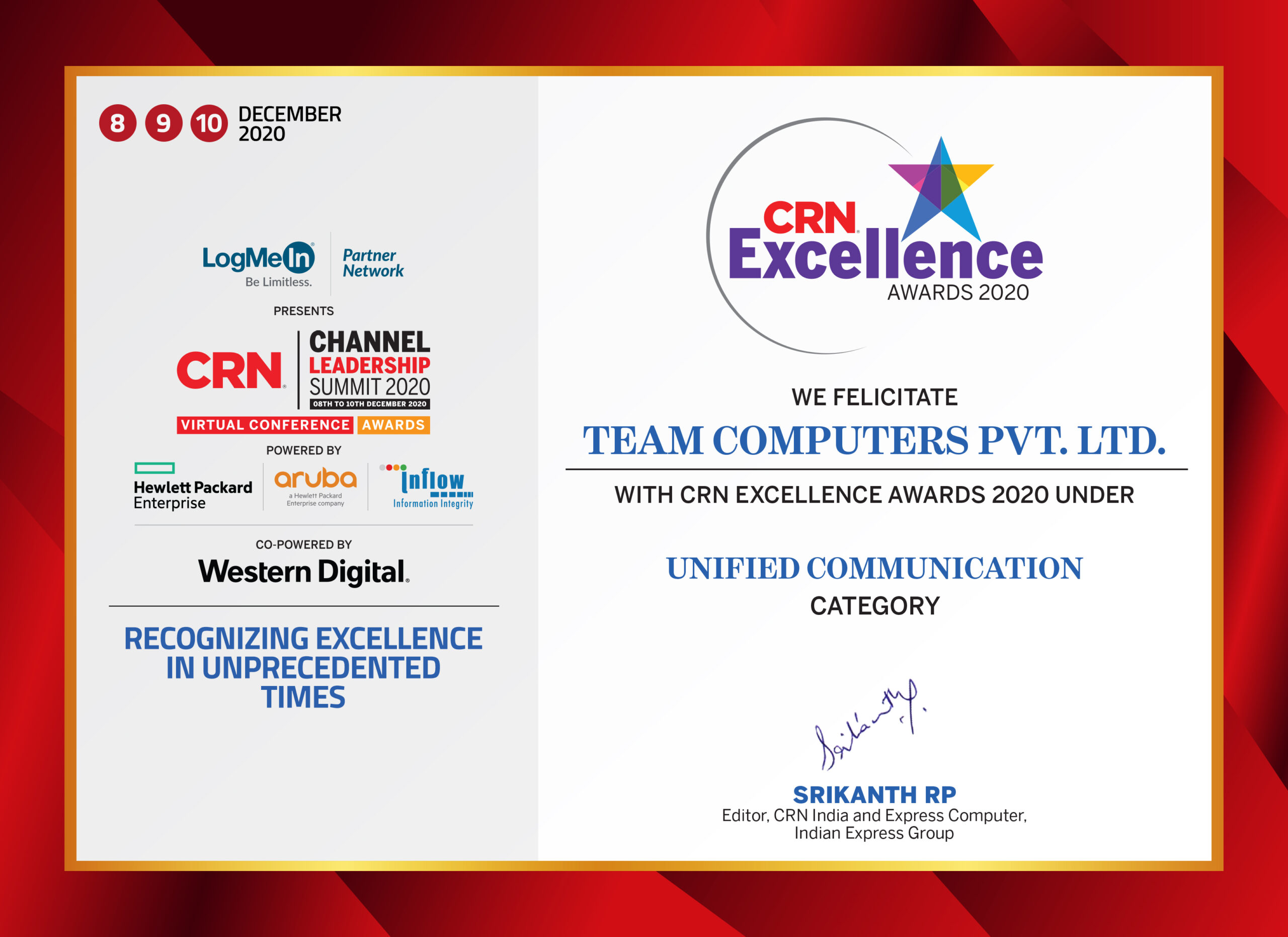 CRN Excellence Awards 2020 - <br>Winner for Unified Communication Category