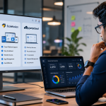 Keep the lighting dramatic and cinematic add some human touch to the image the set up should look like of a bank Keep the aspect ratio 16:9 Do not add headline or sub headline in the image