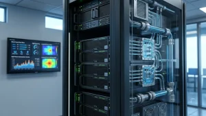 AI-ready server rack with direct-to-chip liquid cooling pipes and a power density dashboard
