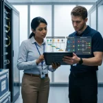 IT engineers reviewing a data center migration plan with phases, risk controls and rollback steps on a tablet