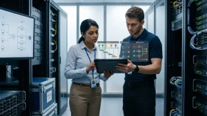 IT engineers reviewing a data center migration plan with phases, risk controls and rollback steps on a tablet