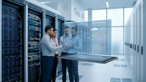 IT team planning data center design, deployment and managed operations inside a Tier 4 data center