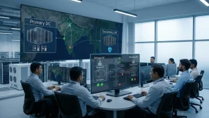 Operations team monitoring a primary data center and a secondary DR site on a map of India
