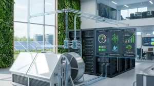 Energy-efficient data center with cooling units, solar panels and a PUE and ESG reporting dashboard