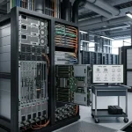 Data center hall with server racks, cabling and cooling pipes showing the core components of a data center