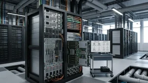 Data center hall with server racks, cabling and cooling pipes showing the core components of a data center